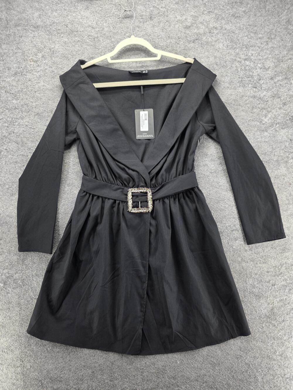 PRETTYLITTLETHING Dress Womens 8 Black Off The Shoulder Shirt Dress Belted